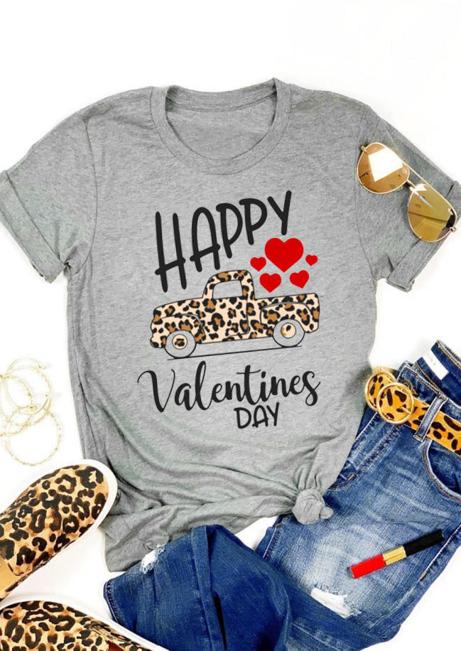 Happy Valentines Days Leopard Heart T-Shirt Tee - Light Grey