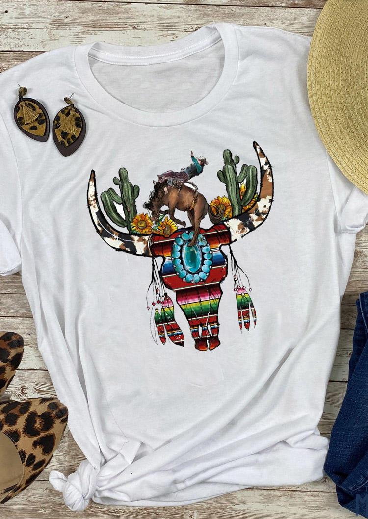 

Steer Skull Cowboy Cactus Serape Striped T-Shirt Tee - White, 528439