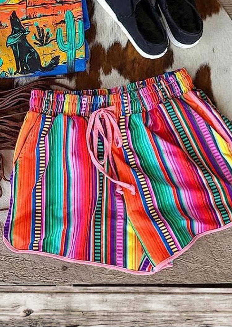 

Colorful Serape Striped Drawstring Shorts, Multicolor, SCM000209