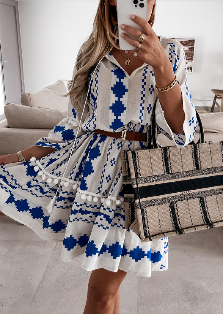 

Geometric Pom Pom Trim Tassel Mini Dress - Blue, 526946