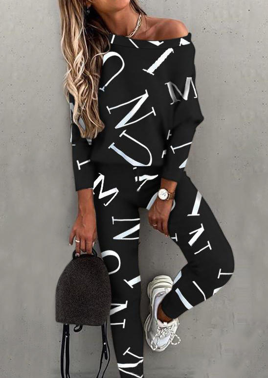 

Letter Long Sleeve Sweatshirt And Sweatpants Two-Piece Set - Black, 526965