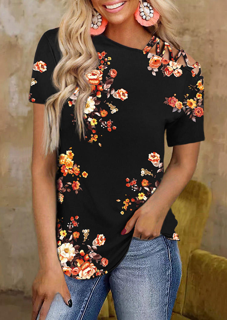 

Floral One Sided Cold Shoulder Blouse - Black, 528259