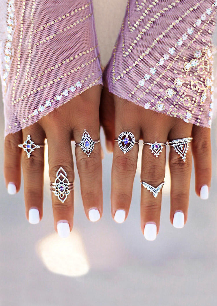 

7Pcs Hollow Out Floral Rhinestone Ring Set, Silver, 528283