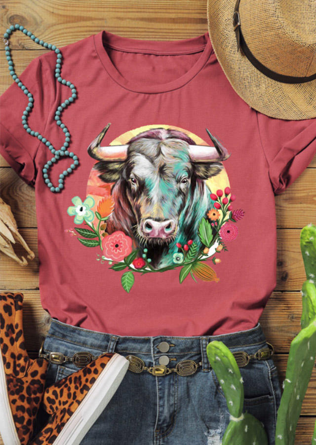 

Steer Skull Floral O-Neck T-Shirt Tee - Brick Red, 528379