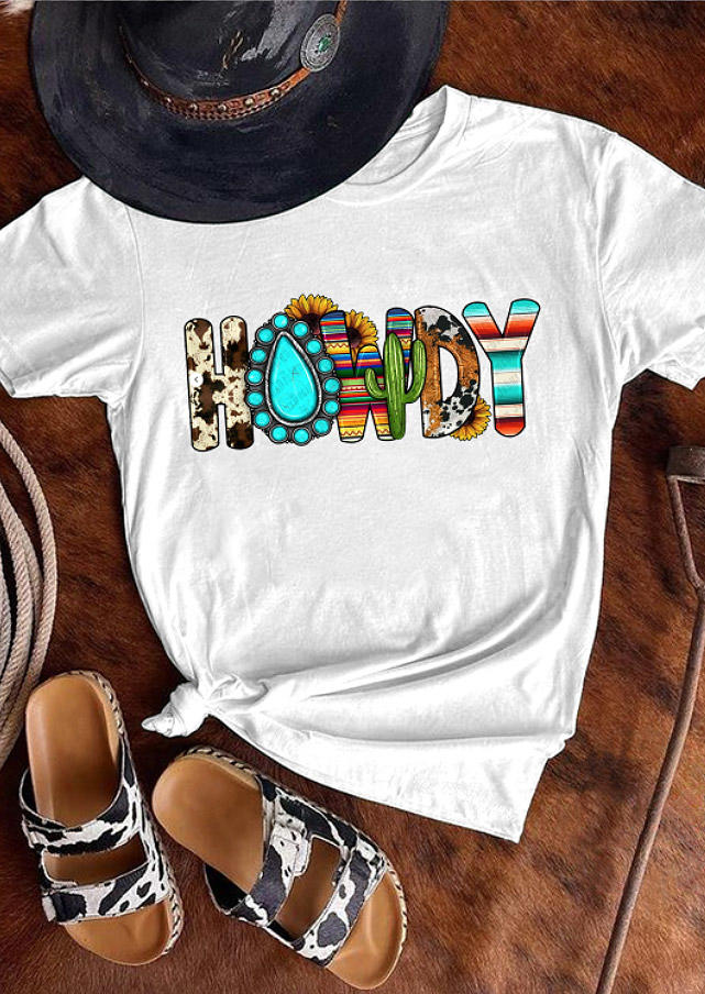 

Howdy Cow Turquoise Cactus Striped Sunflower T-Shirt Tee - White, 528410