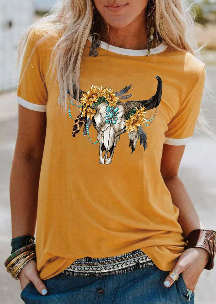 

Sunflower Steer Skull Turquoise T-Shirt Tee - Yellow, 528423