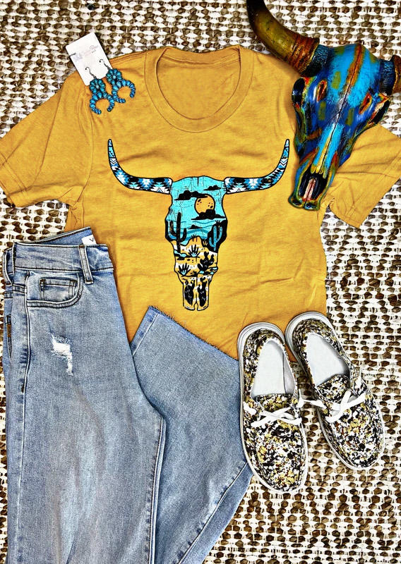 

Steer Skull Cactus Aztec Geometric T-Shirt Tee - Yellow, 528426