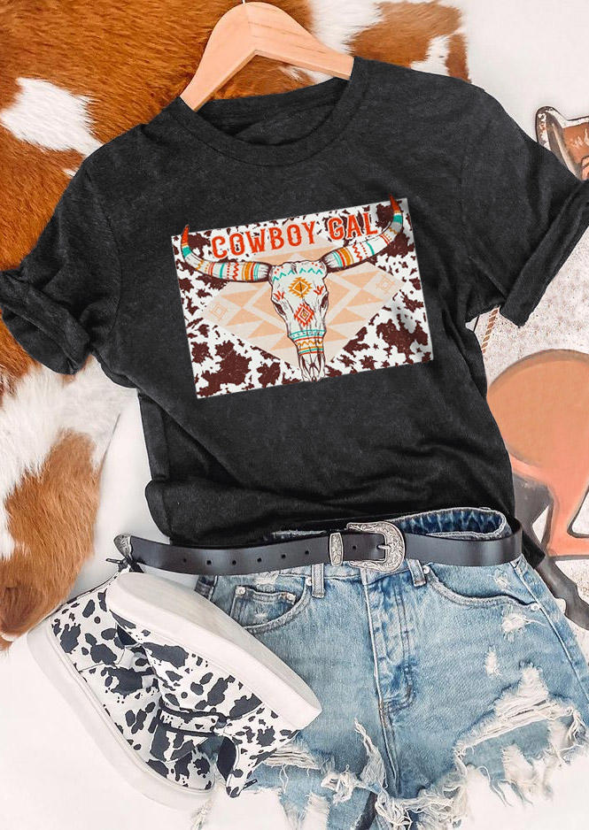 

Cowboy Gal Steer Skull Cow T-Shirt Tee - Dark Grey, 528428