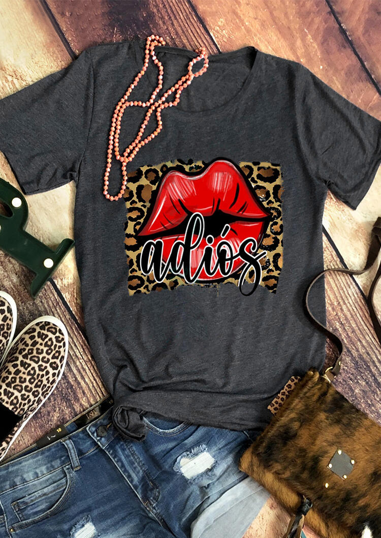 

Adios Red Lips Leopard T-Shirt Tee - Dark Grey, 528464