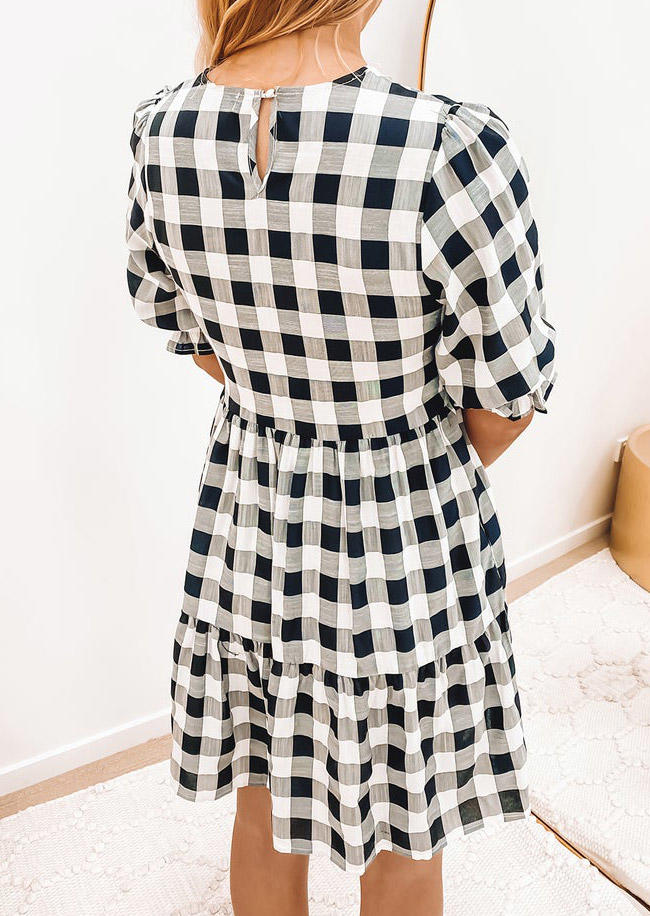 Plaid Button Ruffled V-Neck Mini Dress