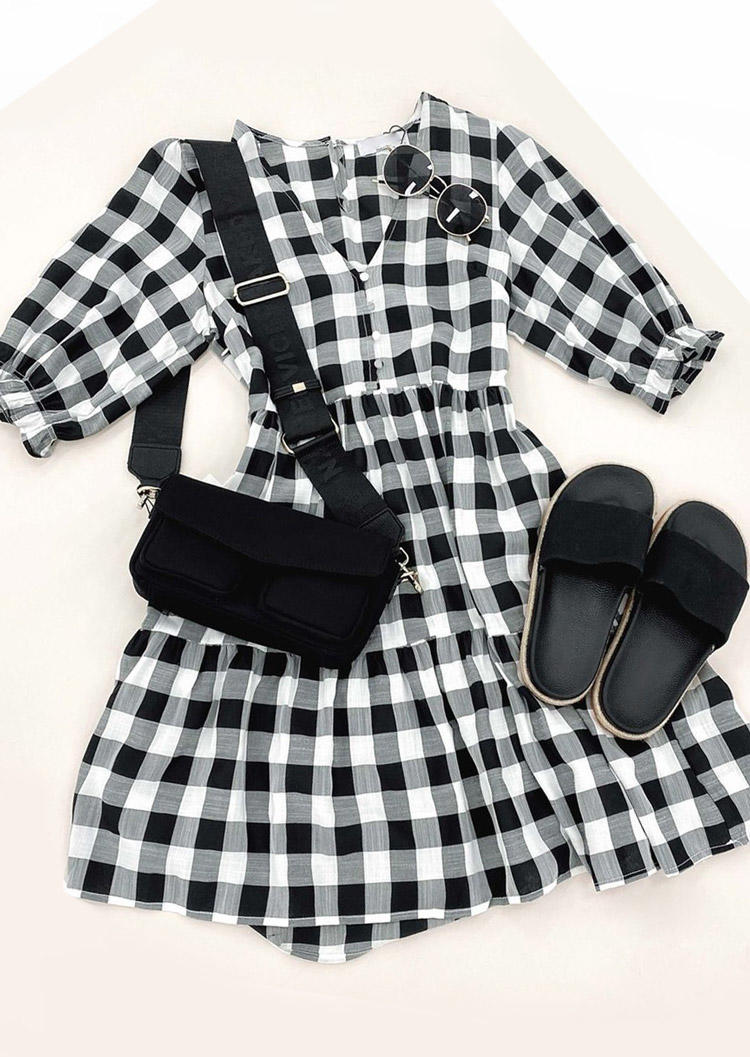 Plaid Button Ruffled V-Neck Mini Dress