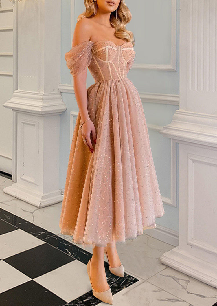 

Polka Dot Open Back Mesh Prom Dress - Apricot, 525627