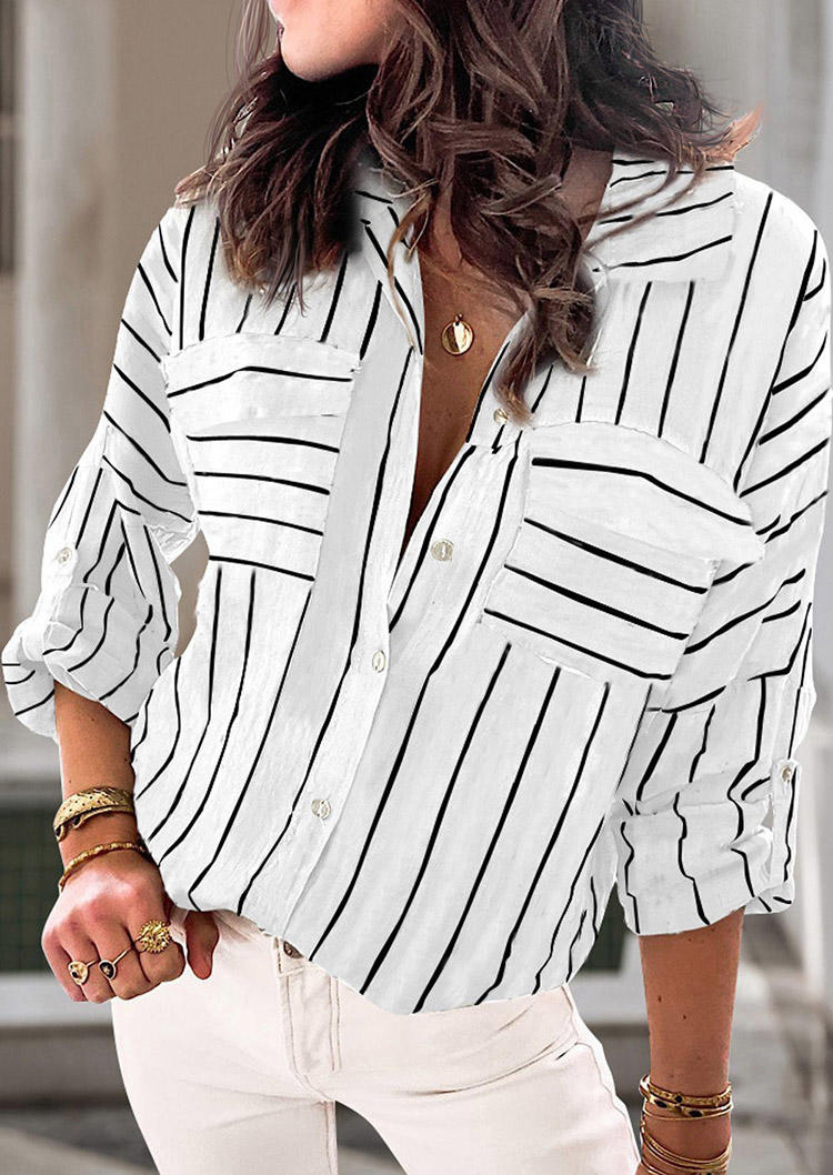 

Striped Button Long Sleeve Shirt - White, 527194