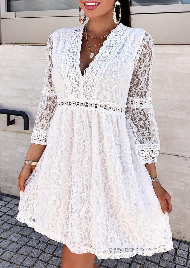 

Lace A-Line V-Neck Mini Dress - White, 527894