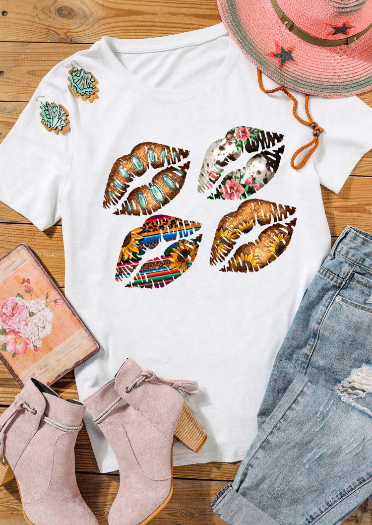 

Leopard Serape Striped Floral Sunflower Lips T-Shirt Tee - White, 528673