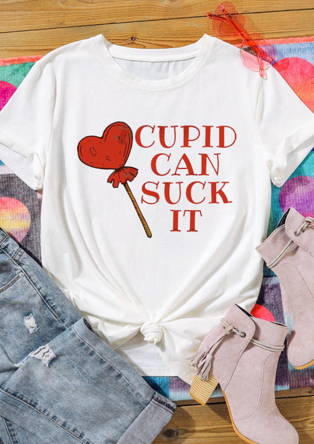 

Cupid Can Suck It Heart T-Shirt Tee - White, 528678
