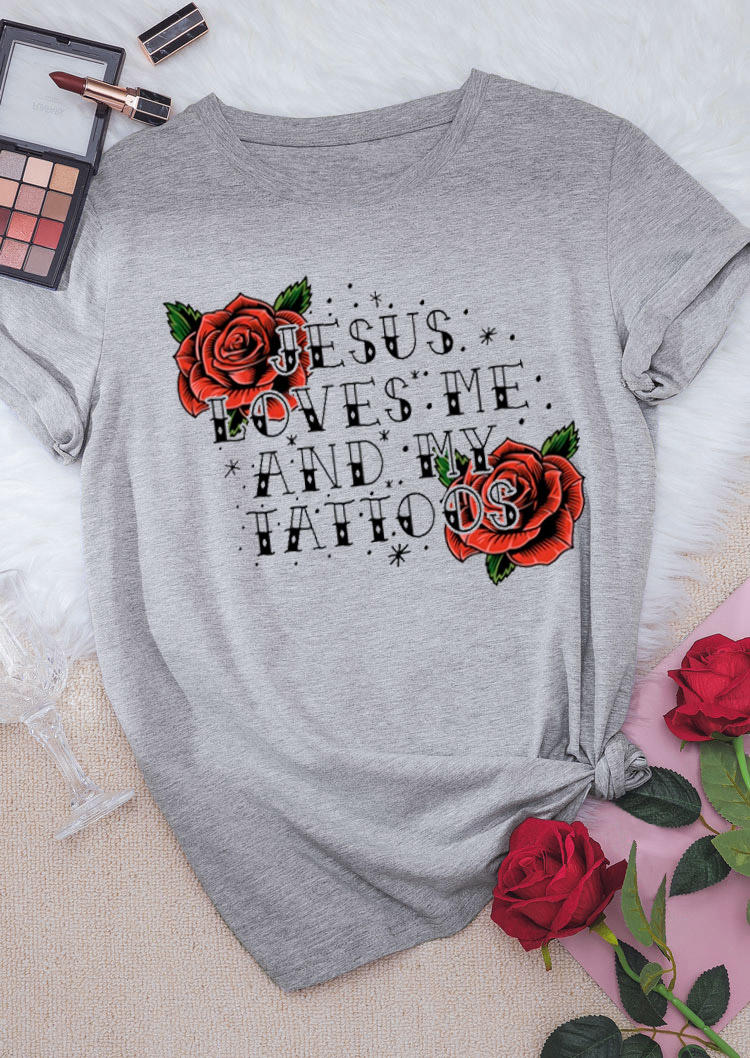 

Valentine Jesus Loves Me And My Tattoos T-Shirt Tee - Light Grey, 528680