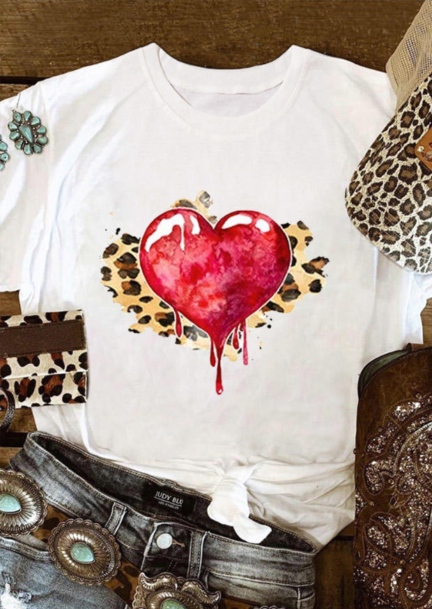 

Leopard Dripping Heart T-Shirt Tee - White, 528702