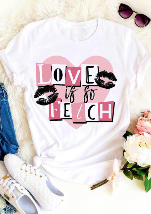 

Love Is So Fetch Lips Heart T-Shirt Tee - White, 528706