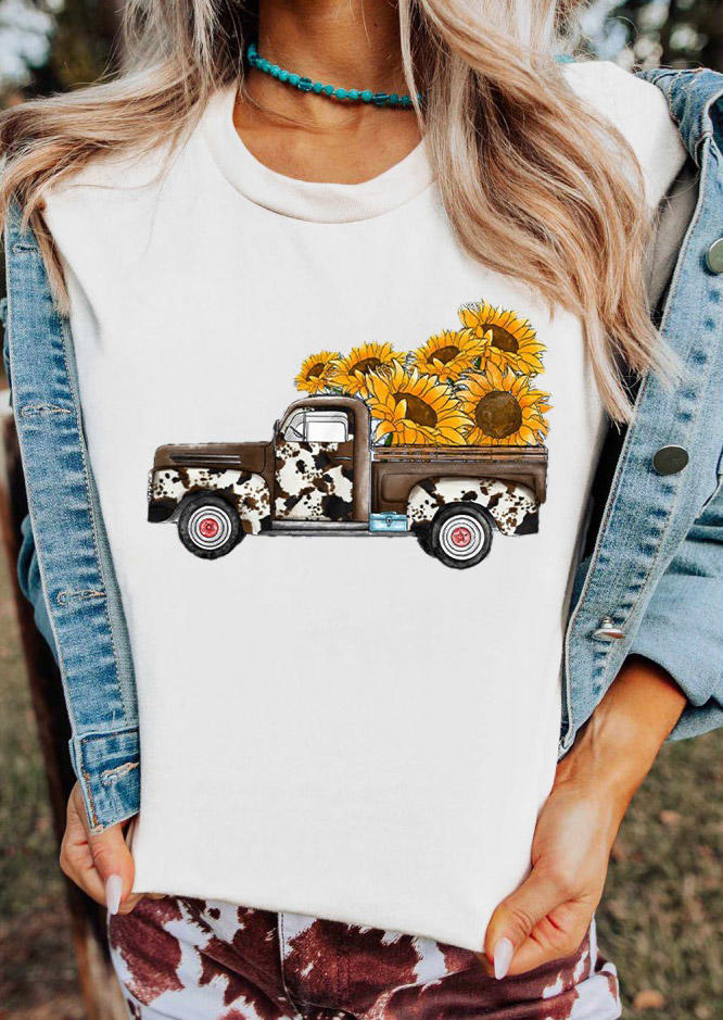 

Sunflower Cow Truck T-Shirt Tee - White, 528710
