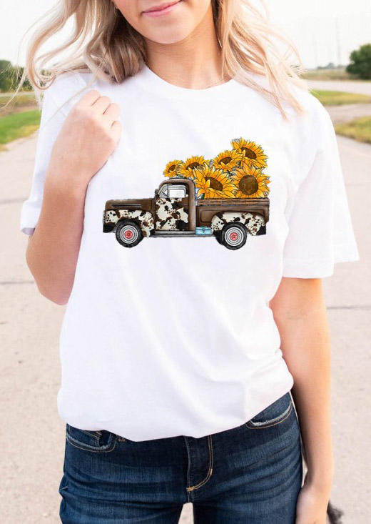 Sunflower Cow Truck T-Shirt Tee - White