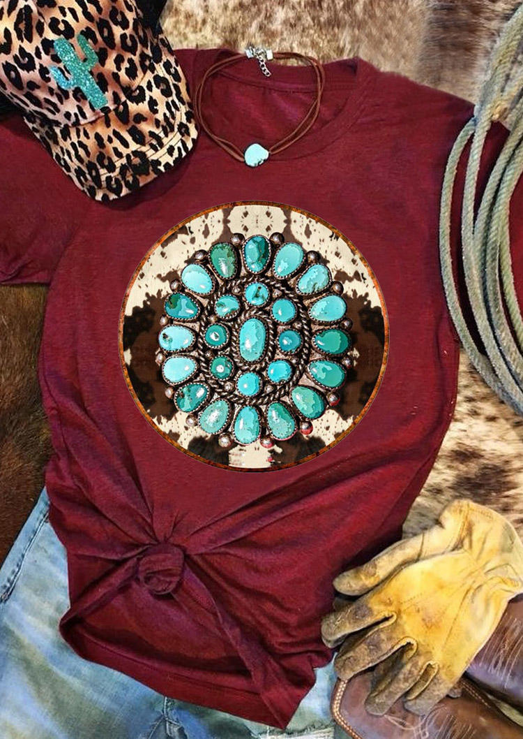 

Turquoise Cow O-Neck T-Shirt Tee - Burgundy, 528714