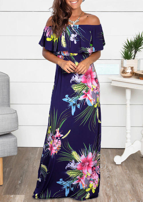 

Floral Palm Leaf Ruffled Off Shoulder Maxi Dress - Blue, 527549