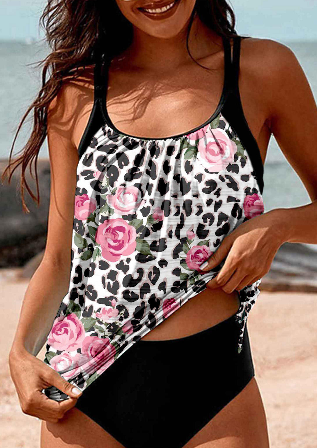 Floral Leopard Drawstring Tankini Set