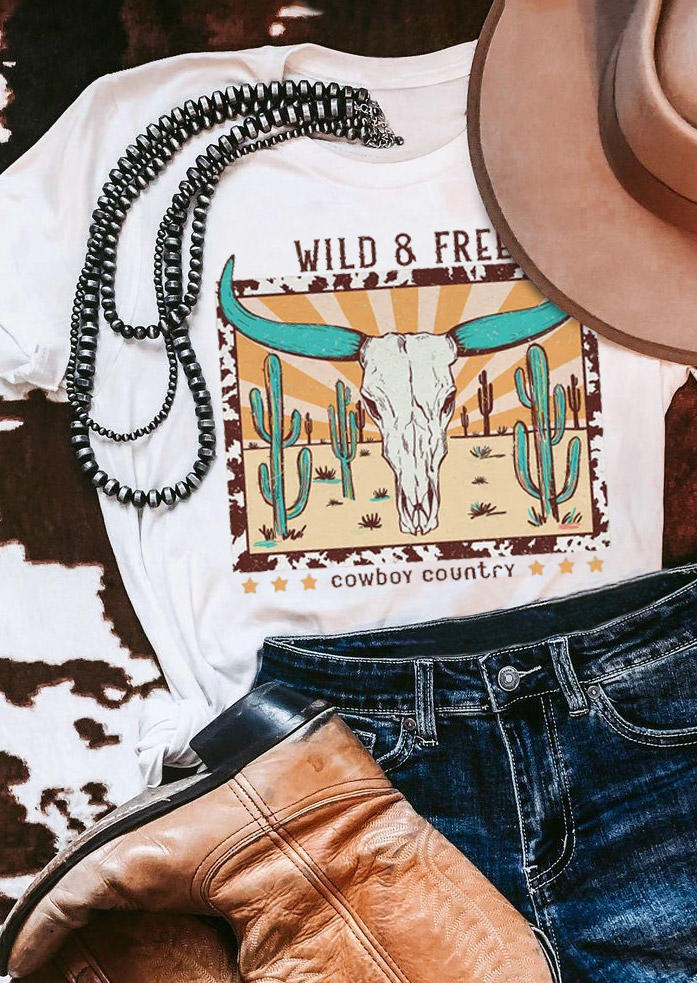 Steer Skull  Cactus Cowboy Country T-Shirt Tee - White