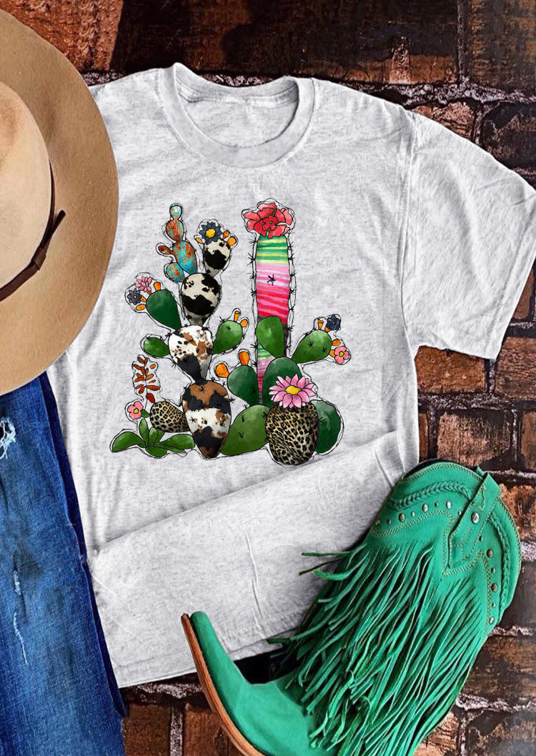 

Cow Leopard Serape Striped Cactus T-Shirt Tee - Light Grey, 528639