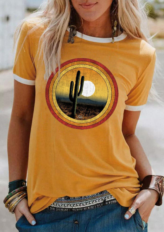 

Cactus Sunset O-Neck T-Shirt Tee - Yellow, 528645