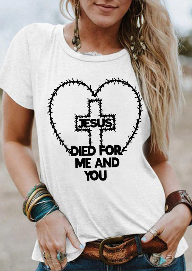 

Jesus Died For Me And You Heart Cross T-Shirt Tee - White, 528679