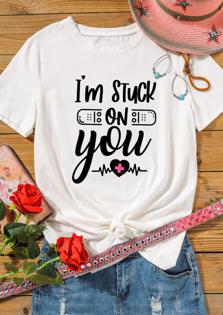 

I' Stuck On You ECG Heartbeat T-Shirt Tee - White, 528691