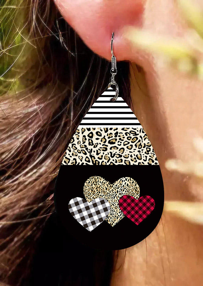 Striped Plaid Leopard Heart Earrings