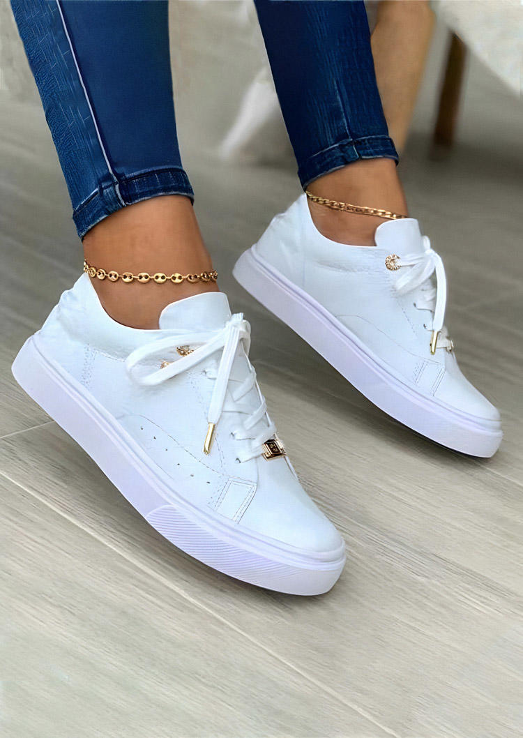

Lace Up Round Toe Flat Sneakers - White, 528074