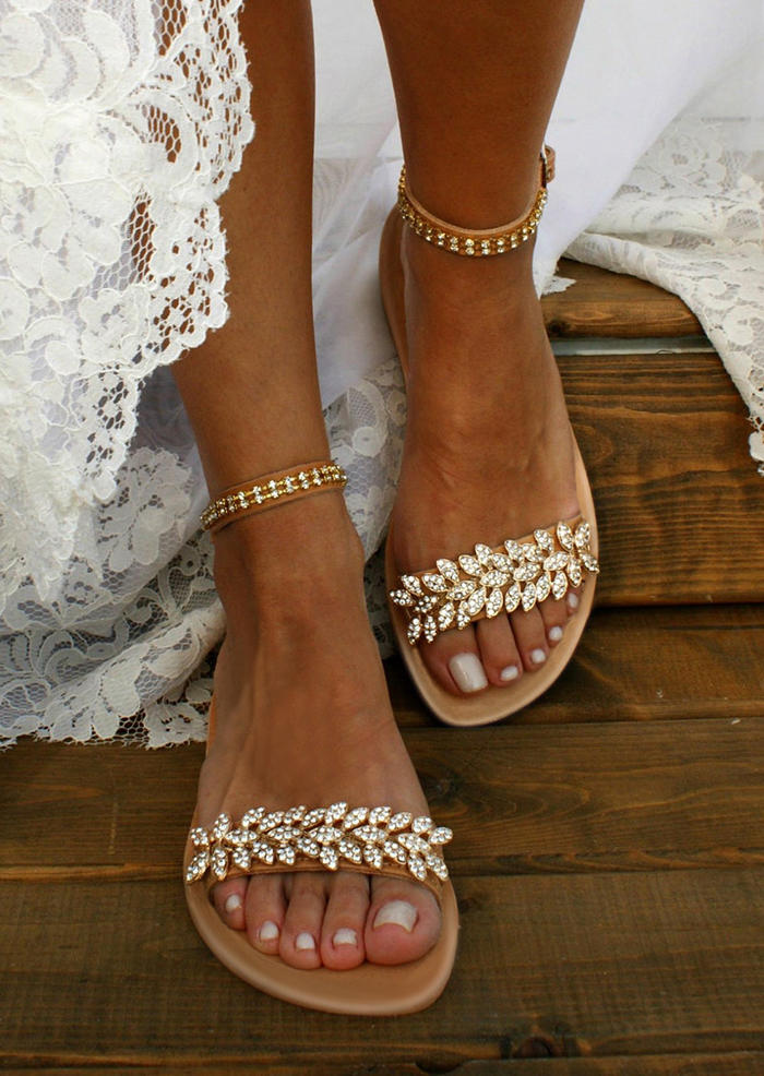 

Rhinestone Buckle Strap Flat Sandals - Brown, 528260