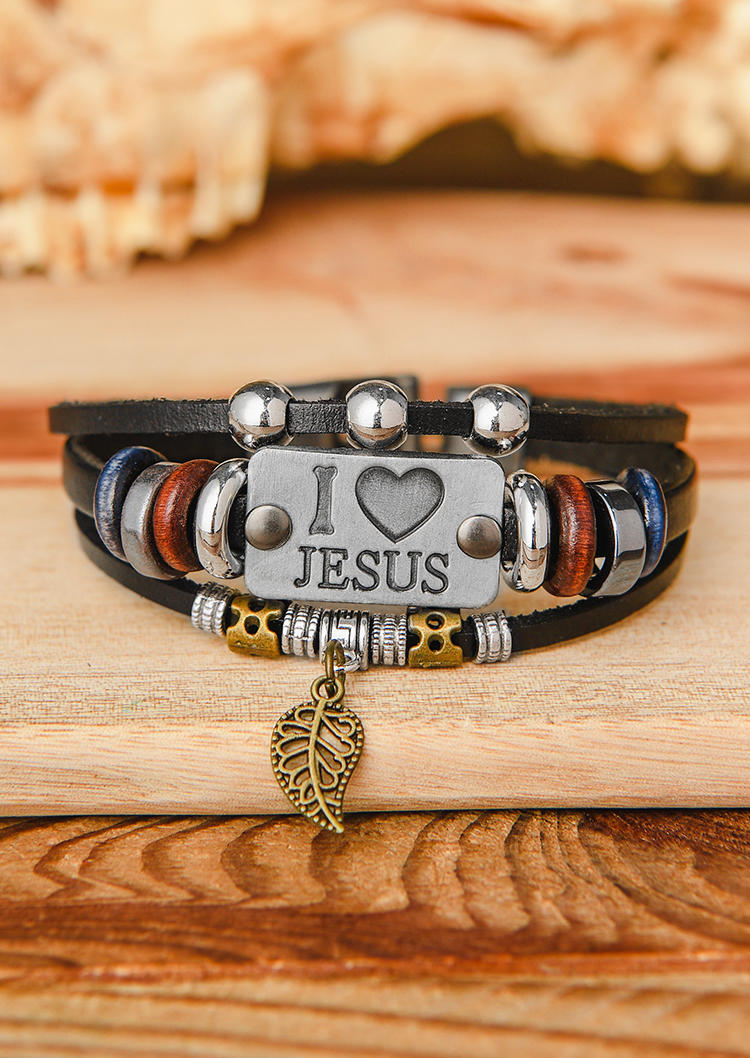 

I Love Jesus Leaf Beading Multi-Layered Bracelet, Black, 528560