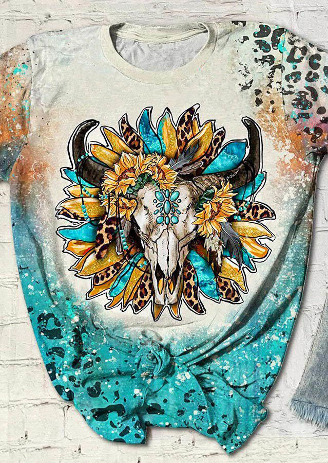 

Steer Skull Sunflower Leopard Bleached T-Shirt Tee, Multicolor, 528649