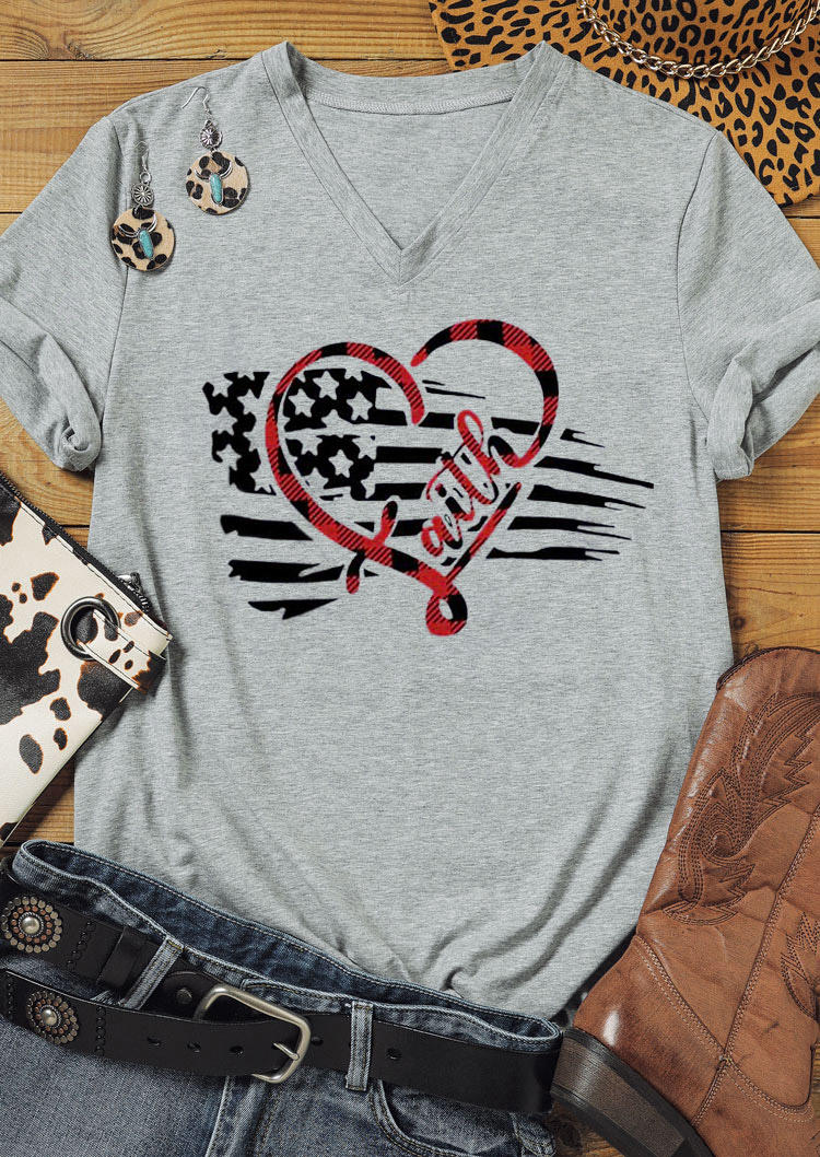 

Faith Plaid Heart V-Neck T-Shirt Tee - Light Grey, 528876