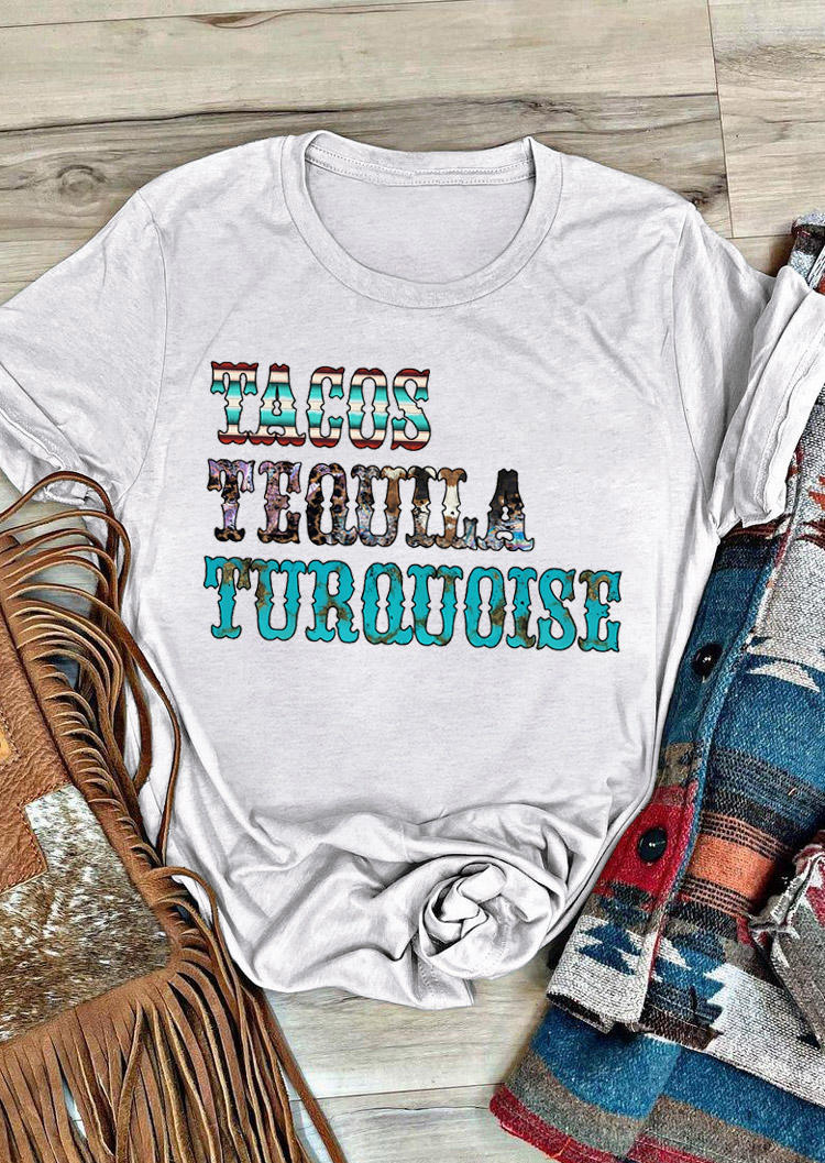 

Tacos Tequila Turquoise Serape Striped Leopard T-Shirt Tee - Light Grey, 528908