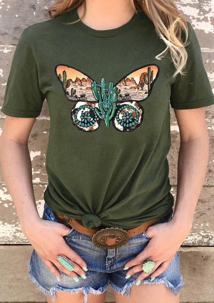 

Cactus Turquoise Butterfly T-Shirt Tee - Army Green, 528912