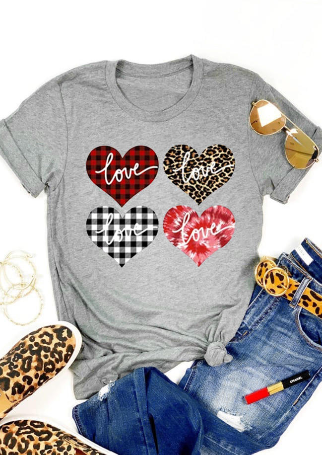 

Valentine Love Leopard Plaid Tie Dye T-Shirt Tee - Gray, 528927