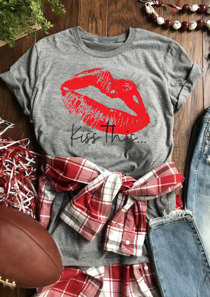 

Valentine Lips Kiss This T-Shirt Tee - Gray, 528936