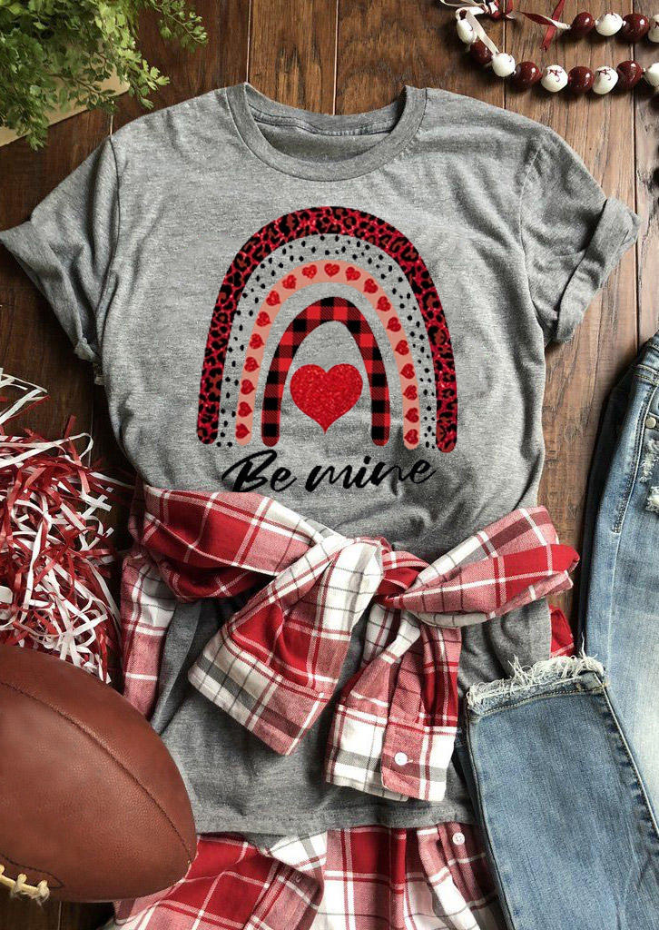 

Be Mine Heart Plaid Leopard T-Shirt Tee - Gray, 528938