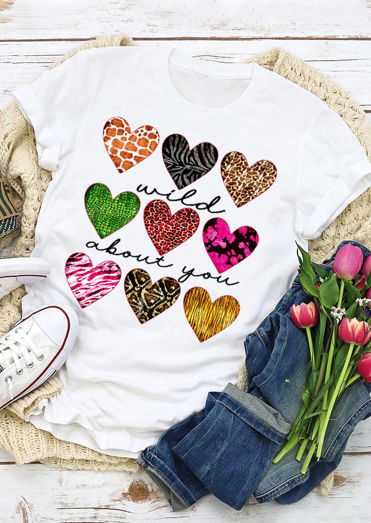 

Valentine Wild About You Heart Leopard T-Shirt Tee - White, 528944