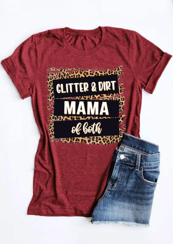 

Glitter & Dirt Mama Of Both Leopard T-Shirt Tee - Burgundy, 528957
