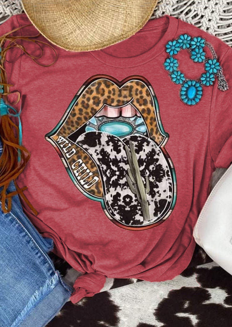 

Wild Child Leopard Lips Turquoise T-Shirt Tee - Brick Red, 528967