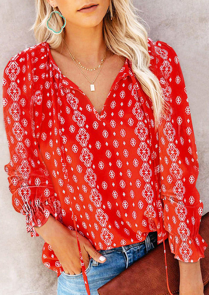 

Geometric Notched Neck Blouse - Red, 528969