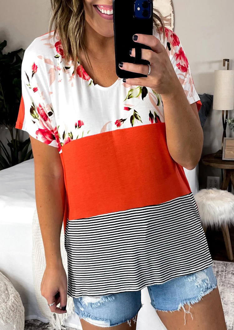

Floral Striped Short Sleeve Blouse, Multicolor, SCM000048