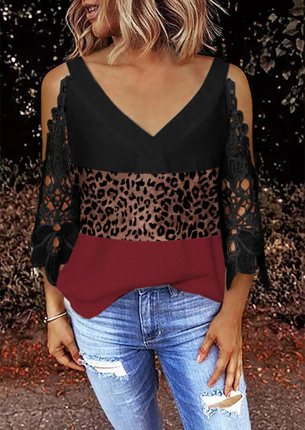

Color Block Leopard Lace Cold Shoulder Blouse, Multicolor, 528041